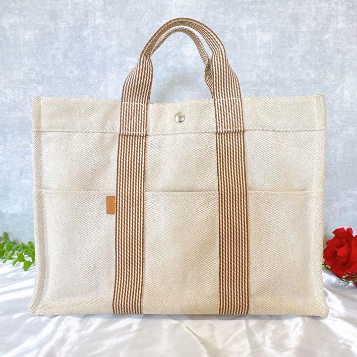 美品 HERMES エルメス ニューフールトゥ MM キャンバス トートバッグ-