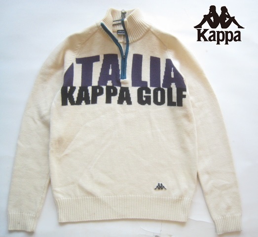 高級!!カッパ イタリア Kappa ITALIA*ビッグロゴ織り柄 立ち襟ハーフジップウールニットセーター M オフホワイト_画像1