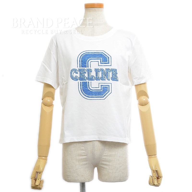 セリーヌ Tシャツ ロゴ コットン ホワイト/ブルー レディース Sサイズ ...