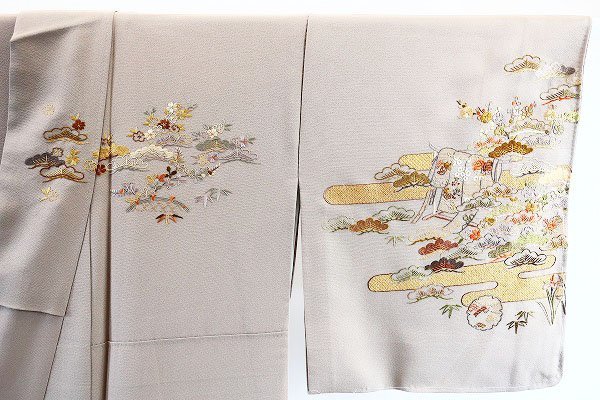 【送料無料】 美品　訪問着 刺繍 身丈160cm 灰色　灰色ベージュ 松　梅 金彩お洒落 フォーマル 仕立て上がり 正絹 m-4040_画像8