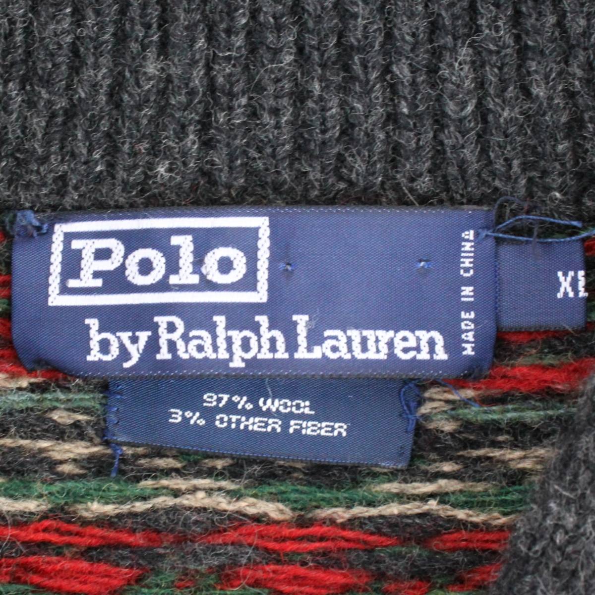 (29625)美品Polo by Ralph Lauren ポロ ラルフローレン ニット セーターXL (ショールカラー襟付きウール毛ネイティブ柄ヴィンテージ紺タグ)_画像4