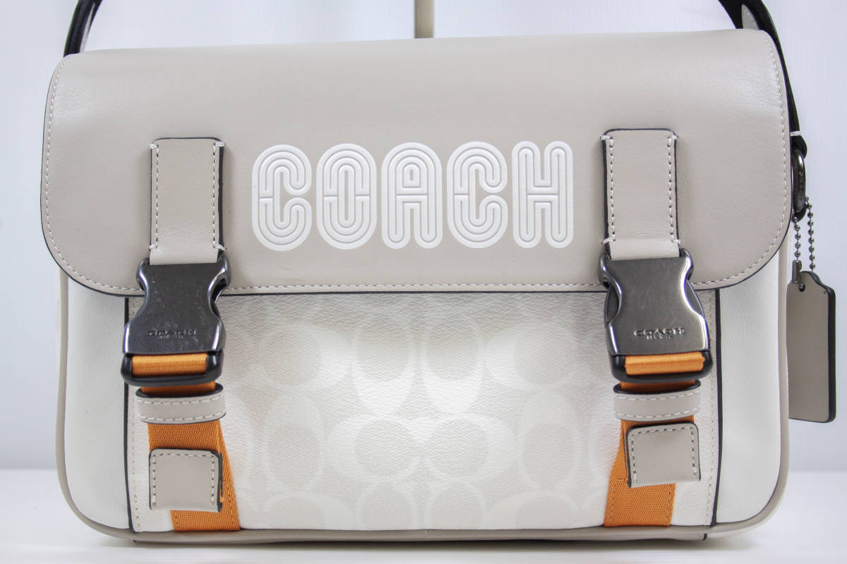 コーチ Coach トラック メッセンジャー クロス ボディバッグ シグネチャー キャンバス メンズ レディース ホワイト　白　_画像2