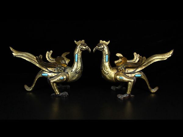 「漢代 青銅器彫 錯金嵌緑綠松石 金翅鳥一対」青銅器 置物擺件 賞物 中国古美術 旧蔵出