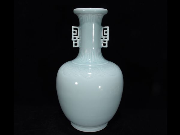清 康熙年製 陶磁器 単色釉 双耳瓶」染付 置物 擺件 古賞物 中国古美術
