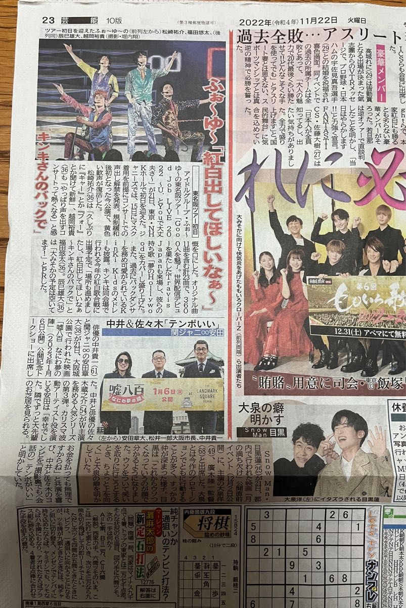 ふぉ〜ゆ〜、目黒蓮、ももクロ、THE SUPER FRUIT 、FANTSTHCS他　2022/11/22 スポーツ新聞　2紙