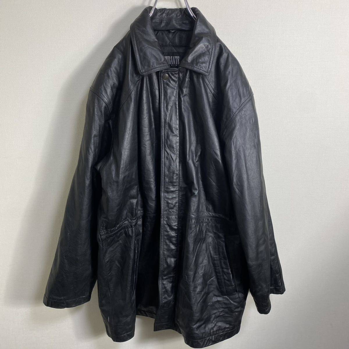 ★ ヴィンテージ Vintage ★ 本革 レザージャケット コート （L）ブラック 80's 90's ゆったり ステンカラーコート 大きめ  ビンテージ