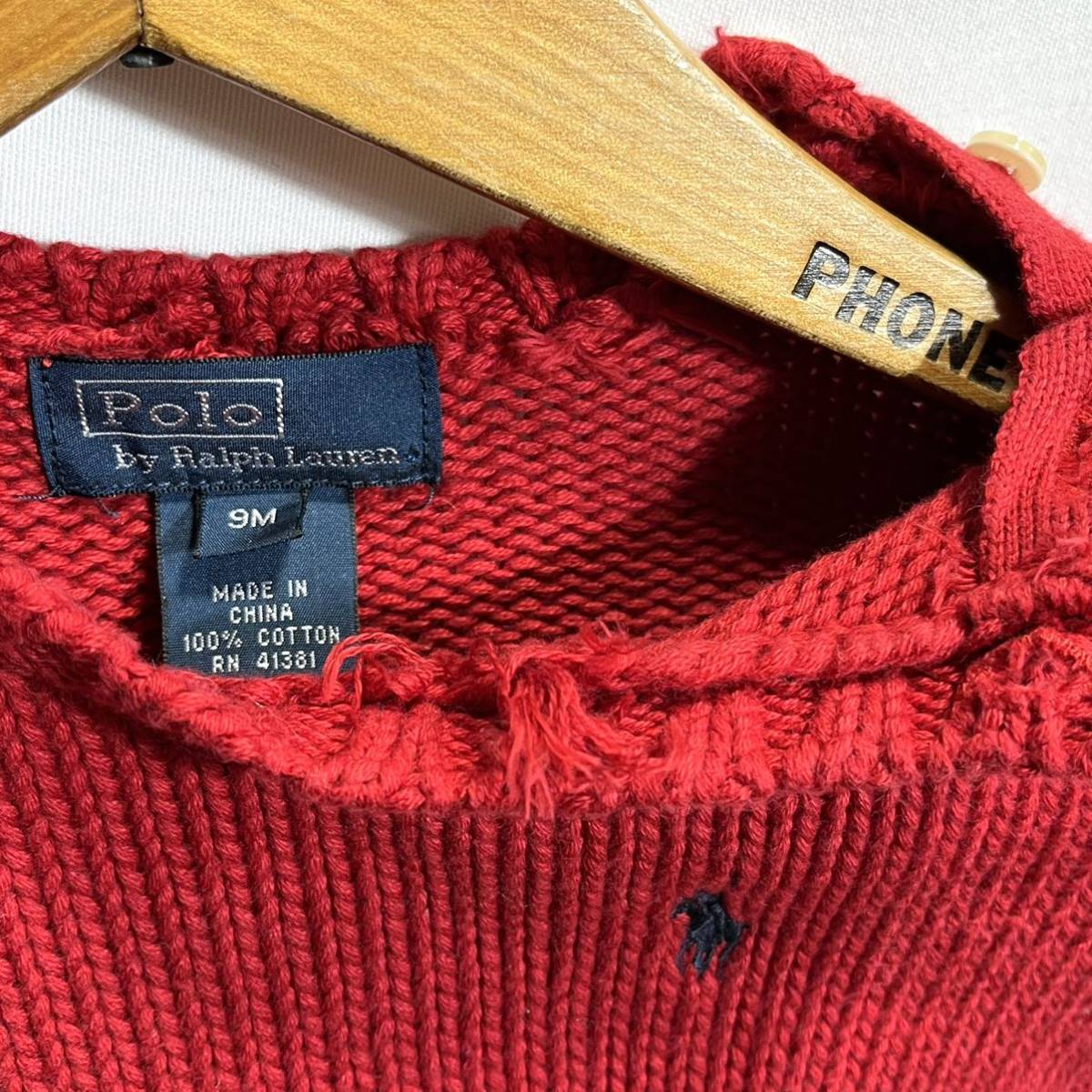 ■ 赤ちゃん用 Polo Ralph Lauren ポロ ラルフローレン ワンポイント 刺繍ポニー コットン ニット セーター 古着 サイズ９M 赤 アメカジ ■_画像4