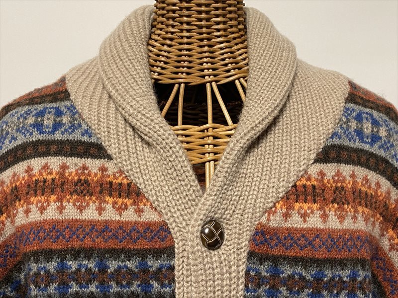 ★USED/KNIT/CARDIGAN/SWEATER/FAIR ISLE PATTERN/LOOFAH COLLAR/カーディガン/ヘチマ襟/ニット/フェアアイル柄/古着★_画像2