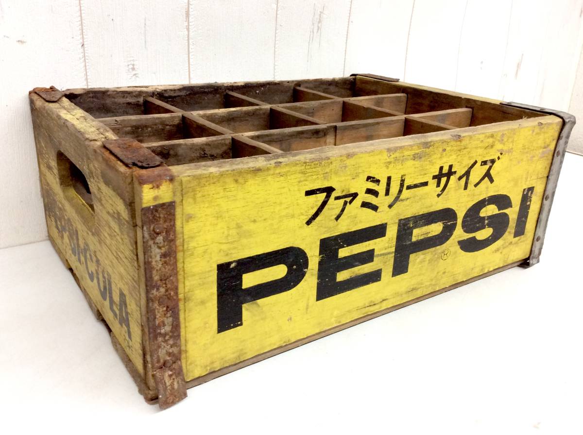  Showa Retro [ PEPSI Family size tree box ] wooden bottle case 348mm×253mm×133mm secondhand goods Vintage collection that time thing not for sale 