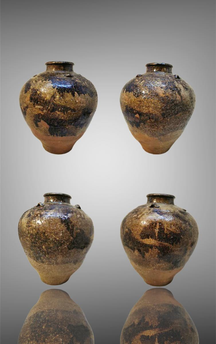 丹波前四耳自然灰釉壺 江戸時代 高さ40cm-