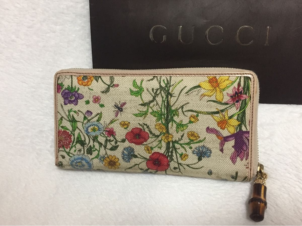 貴重 正規品 Gucci グッチ 長財布 上質キャンバス 総柄 花柄 バンブー