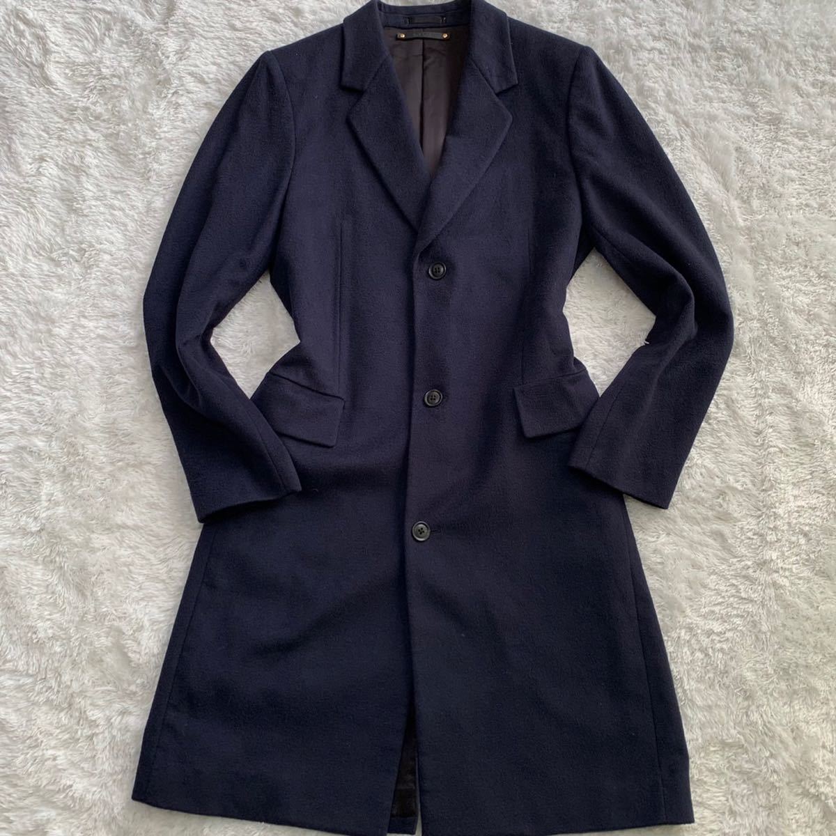 極美品 カシミヤ100% ポールスミス『漂う高級感』Paul Smith チェスターコート Lサイズ メンズ ロング ビジネス ライン 英国調 ネイビー 紺