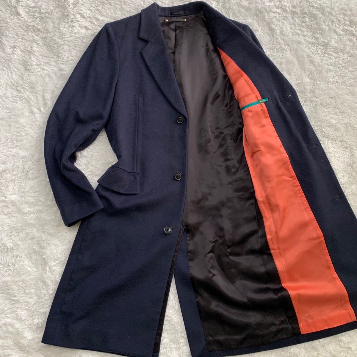 極美品 カシミヤ100% ポールスミス『漂う高級感』Paul Smith チェスターコート Lサイズ メンズ ロング ビジネス ライン 英国調 ネイビー 紺