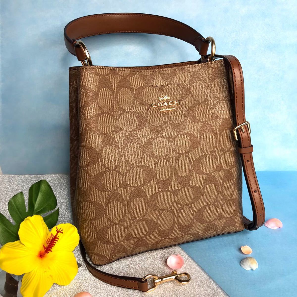 COACH コーチ ショルダーバッグ タウンバケット シグネチャー ブラウン 茶