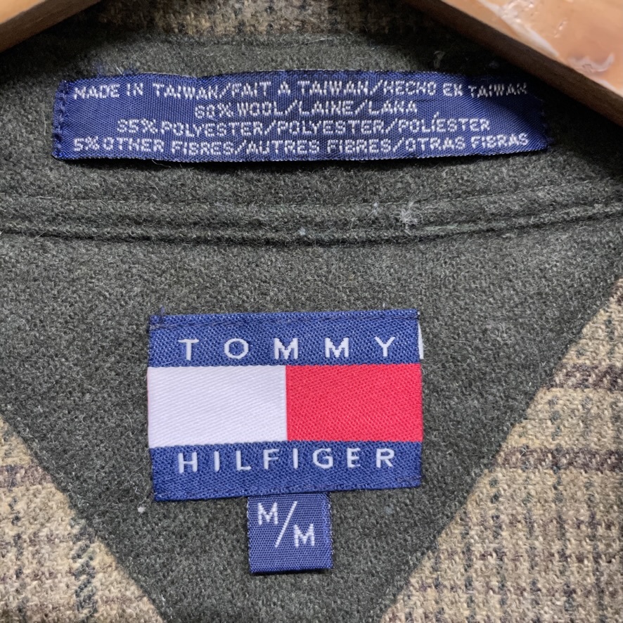 TOMMY HILFIGER トミーヒルフィガー 長袖ウールシャツ チェックシャツ ボタンダウン ワンポイント 90s M カーキ ウール_画像3