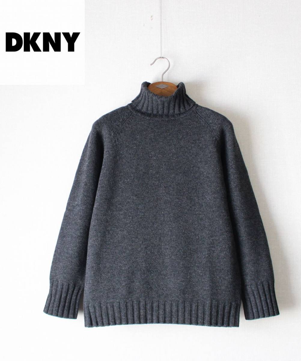 【 DKNY Donna Karan New York ダナキャラン ニューヨーク 】ウール100%ニット タートルネック セーター S/大きめ グレー オールド古着_画像1