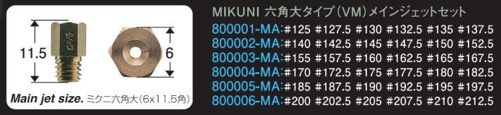 三国 六角大タイプ■＃140 ＃142.5 ＃145 ＃147.5 ＃150 ＃152.5 メインジェットセット■ 800002-MA-10 VMキャブ SHIFT UP/シフトアップ_画像2