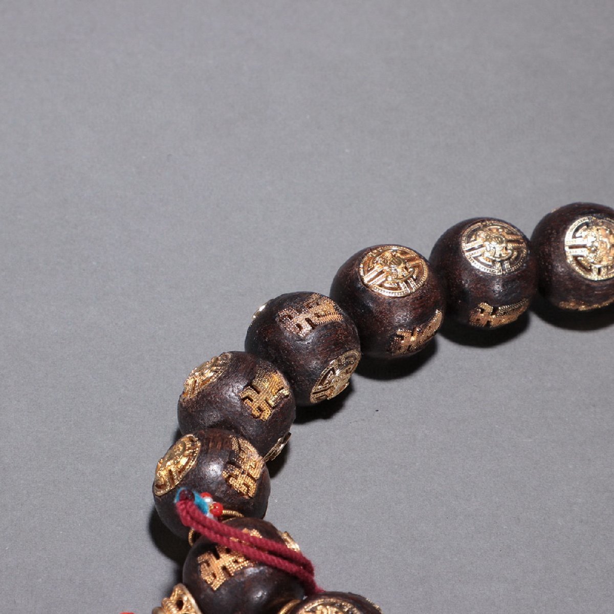 鶴鳴堂 中国 清時代 珎木彫 象嵌金 寿字紋18珠佛珠 非常に良い香り 