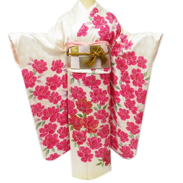 ☆きもの北條☆ 振袖 着物 正絹 花模様 地模様 金駒刺繍 リサイクル