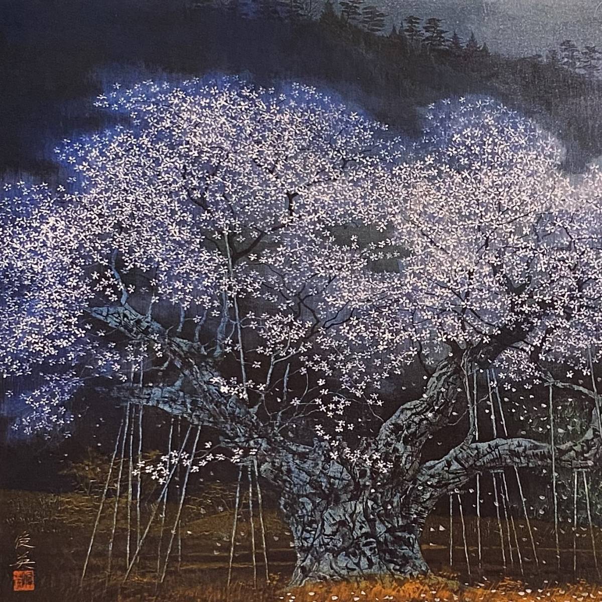 西田俊英、〈淡墨桜〉、希少画集画、高級新品額・額装付、状態良好、送料無料_画像3