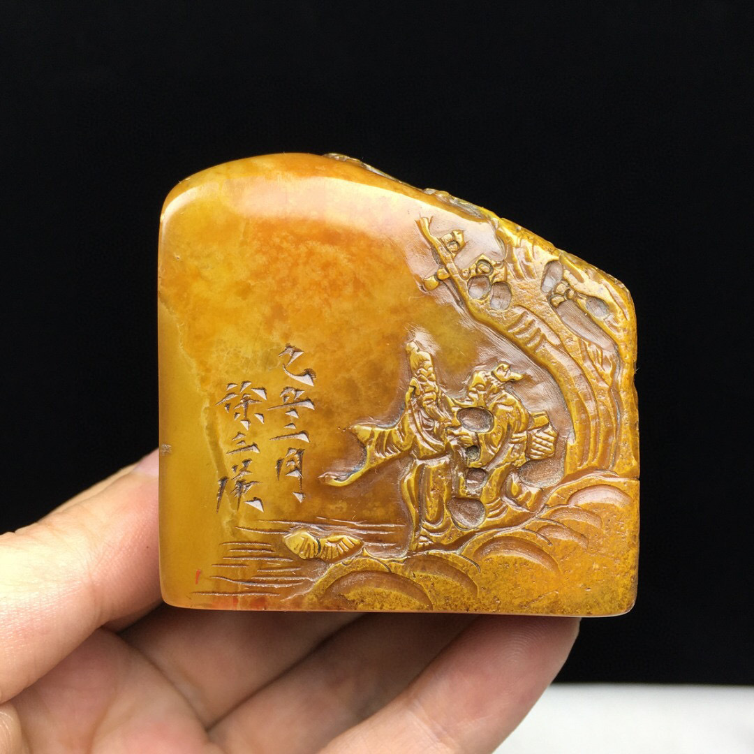 寿山石・田黄石・細密彫・松下老人紋・印章『収蔵家蔵』稀少珍品・置物 ...