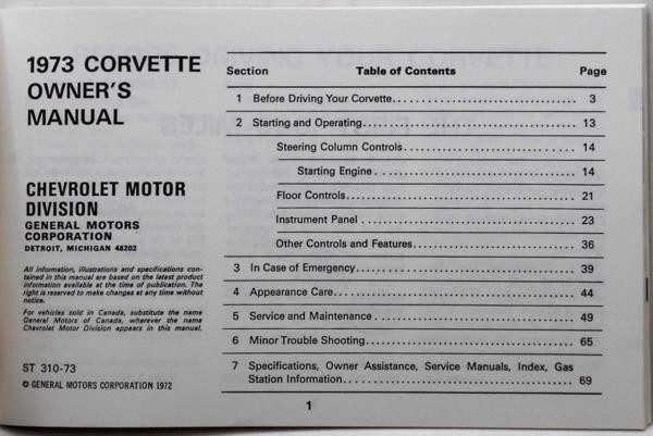 CHEVROLET CORVETTE OWNERS MANUAL '1973 復刻版_画像2