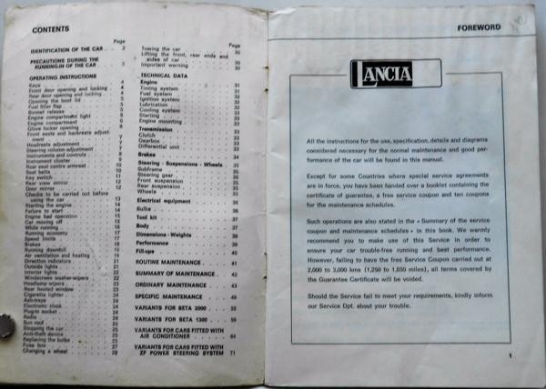 LANCIA 1300,1600,200/2nd Series SALOON Instruction book