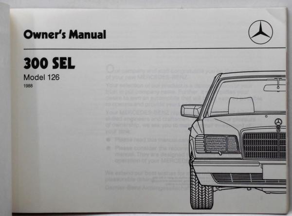 Mercedes Benz 300SEL W126 Owner's Manual 英語版 1988_画像2