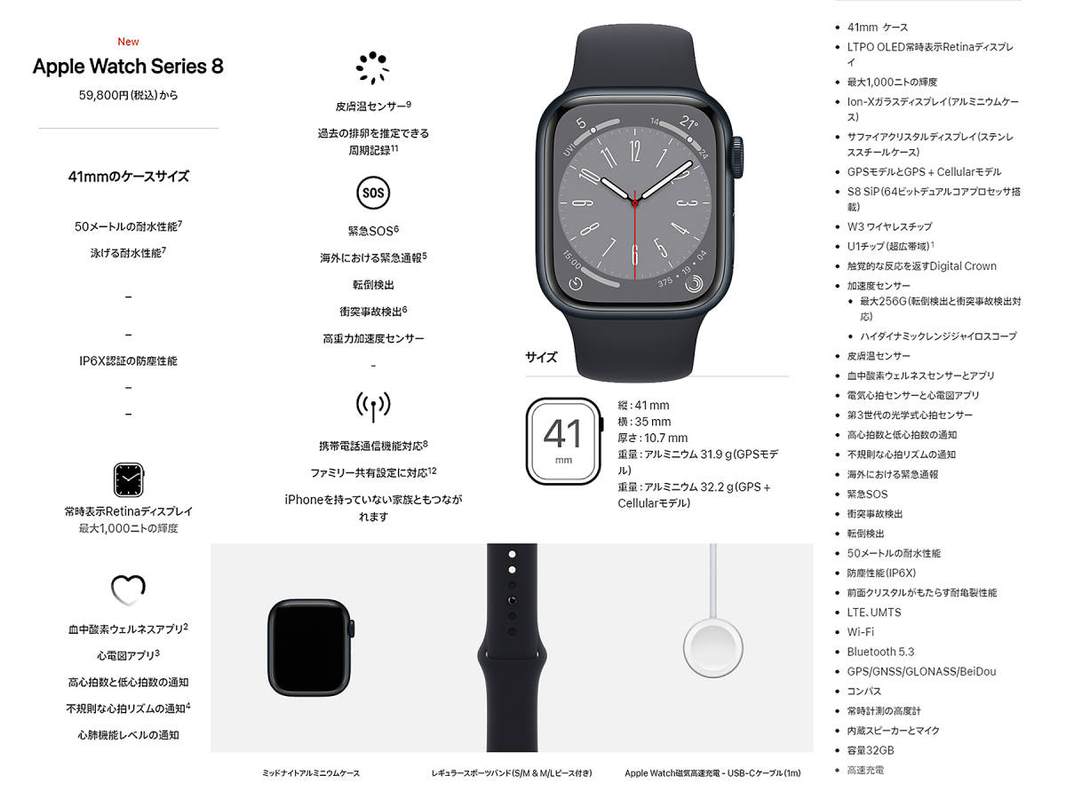 最新 Apple Watch Series 8 GPSモデル - 41mmミッドナイトアルミニウムケースとミッドナイトスポーツバンド