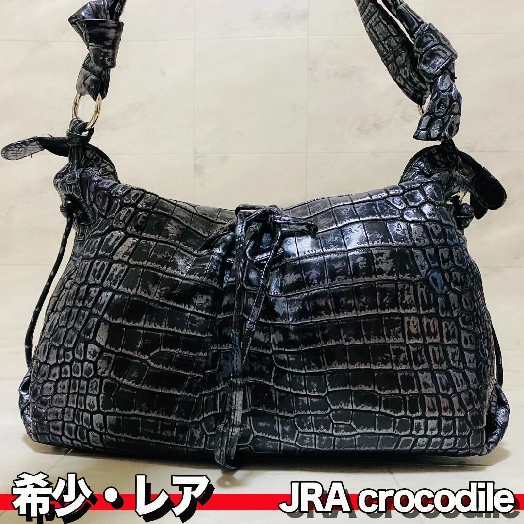 1円スタート★美品★JRA認定★ワニ革★本物★クロコダイル ショルダーバッグ グレー メンズ レディース エキゾチック crocodile leather_画像1