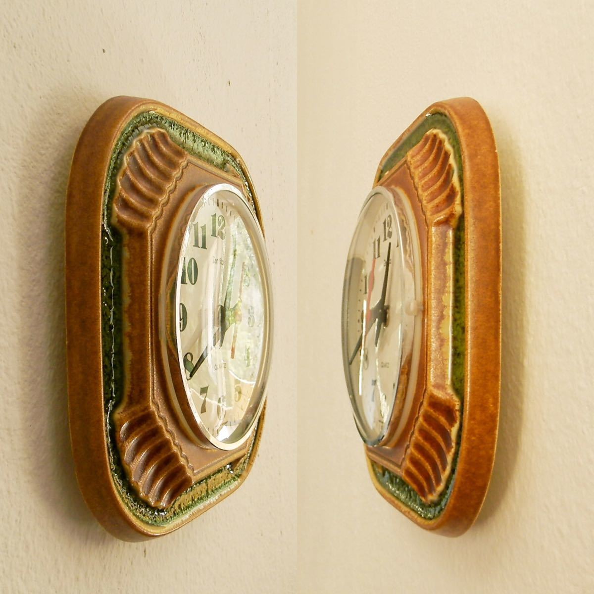 陶器の壁掛け時計　ドイツ　みどり　茶　ZentRa レトロ　ビンテージ　インテリア_画像5