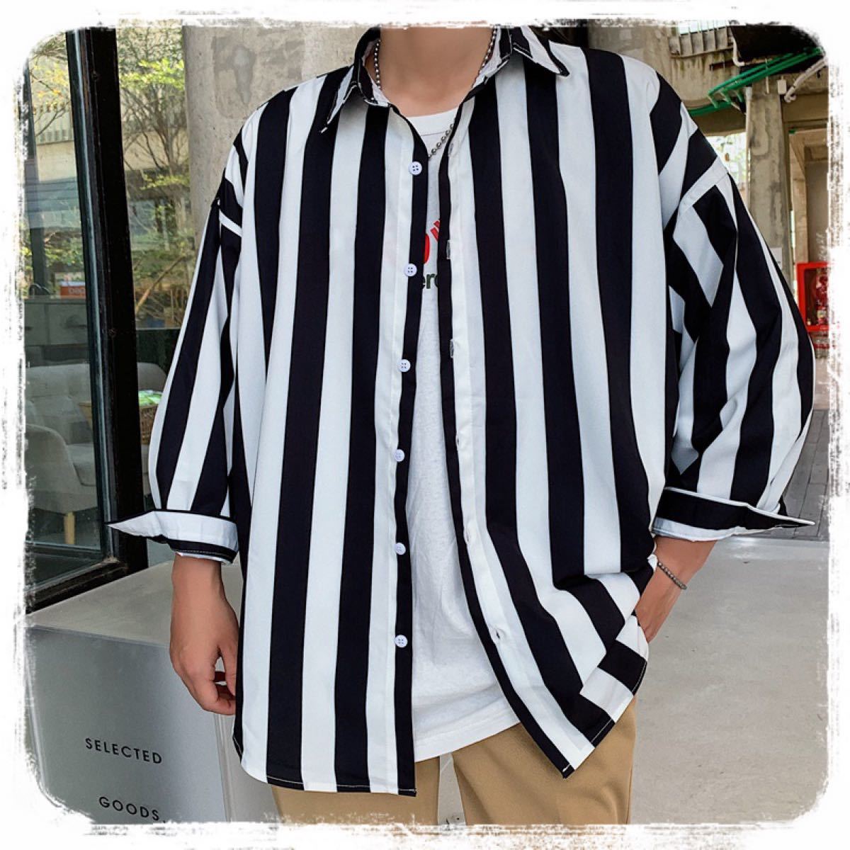 オーバーサイズ　ストライプ　シャツ　モード　韓国　オルチャン　ストリート　L XL きれいめ　モノトーン メンズシャツ　白　黒