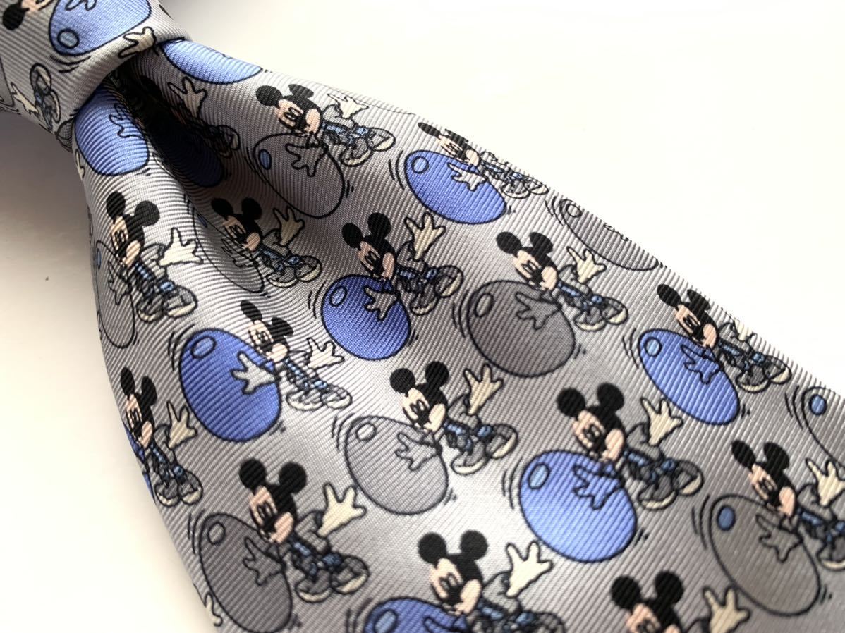 【極美品】Disney ネクタイ ミッキーマウス 総柄 グレー×ブルー イタリア製 ディズニー_画像1