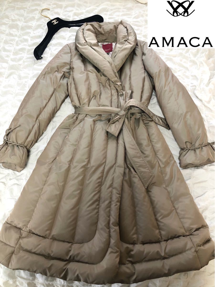 AMACA 女優襟ダウンコート ゴールドベージュ サイズ40 L リボンベルト