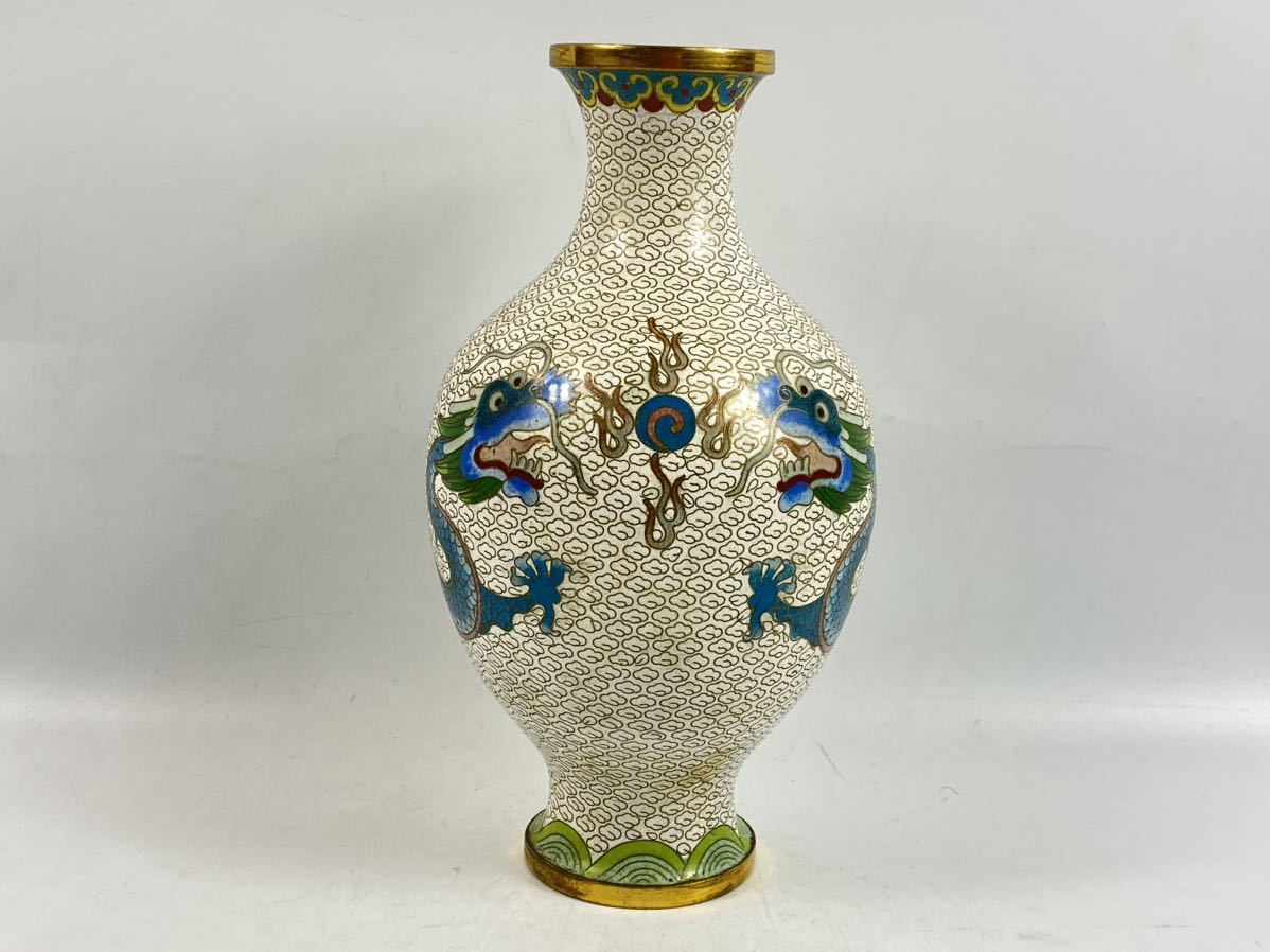 朝】中国古玩古美術花瓶七宝焼象嵌銅胎嵌糸琅双龍戯珠図青海波清代骨董