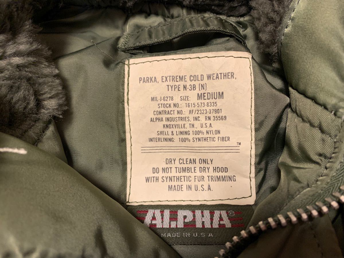 フライトジャケット N-3B ALPHAアルファ USA製 白タグ 米軍 M フライトジャケット N-3B ALPHAアルファ USA製 白タグ 米軍 M