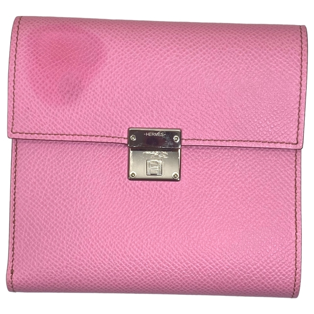 日本最大の HERMES エルメス クリック12 C刻印 三つ折り 財布 コンパクトウォレット シェブルミゾル レザー ピンク シルバー金具 男性用財布