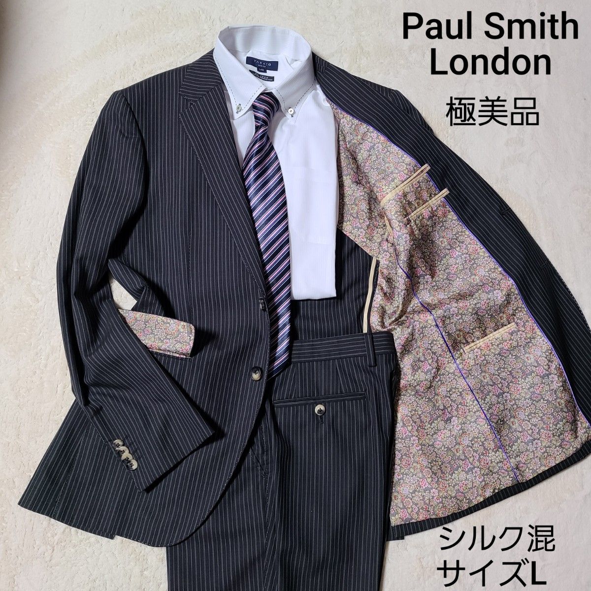 うのにもお得な Paul Smith LONDON スーツ 黒 ストライプ 花柄 jsu