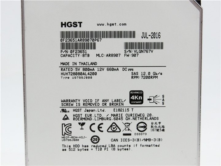 送料込】 HGST 3.5インチ SAS 8TB 7.2K HDD HUH728080AL4200 動作確認