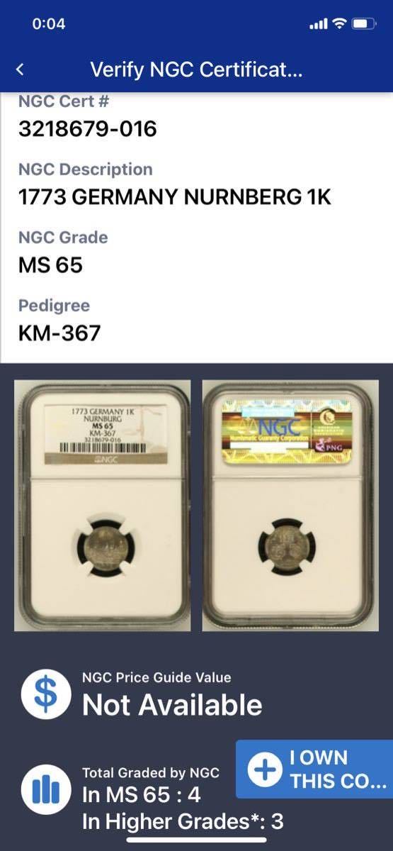 NGC MS65 準最高鑑定！ドイツ ニュルンベルク 都市景観 銀貨1773年