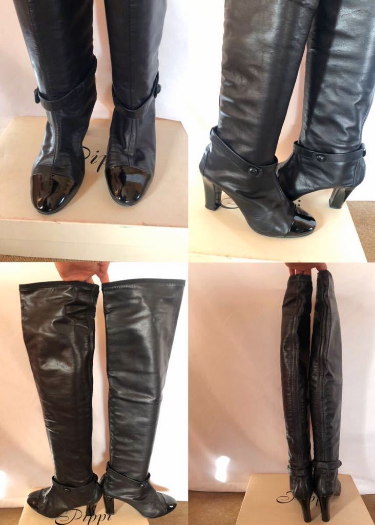  beautiful goods regular price ¥72450 made in Japan Pippipipi original leather knee-high long boots L24-24.5cm black black! box preservation 