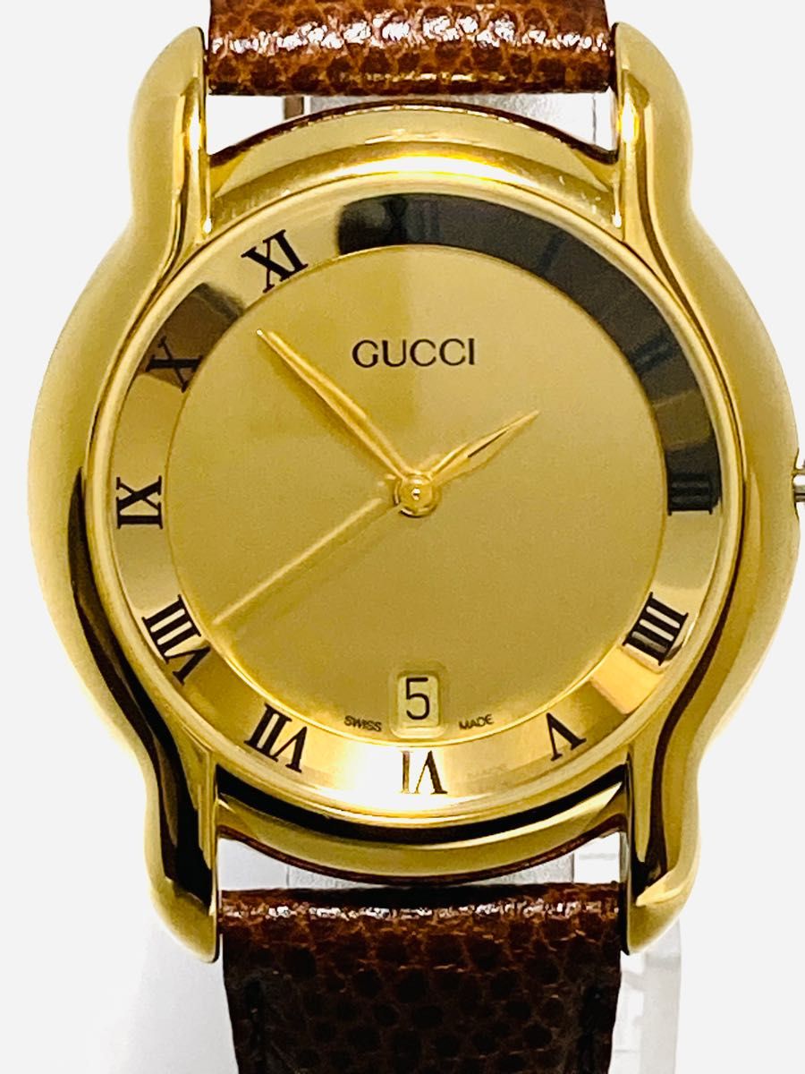 未使用! GUCCI グッチ 電池新品交換済み メンズ腕時計 ゴールド デイト