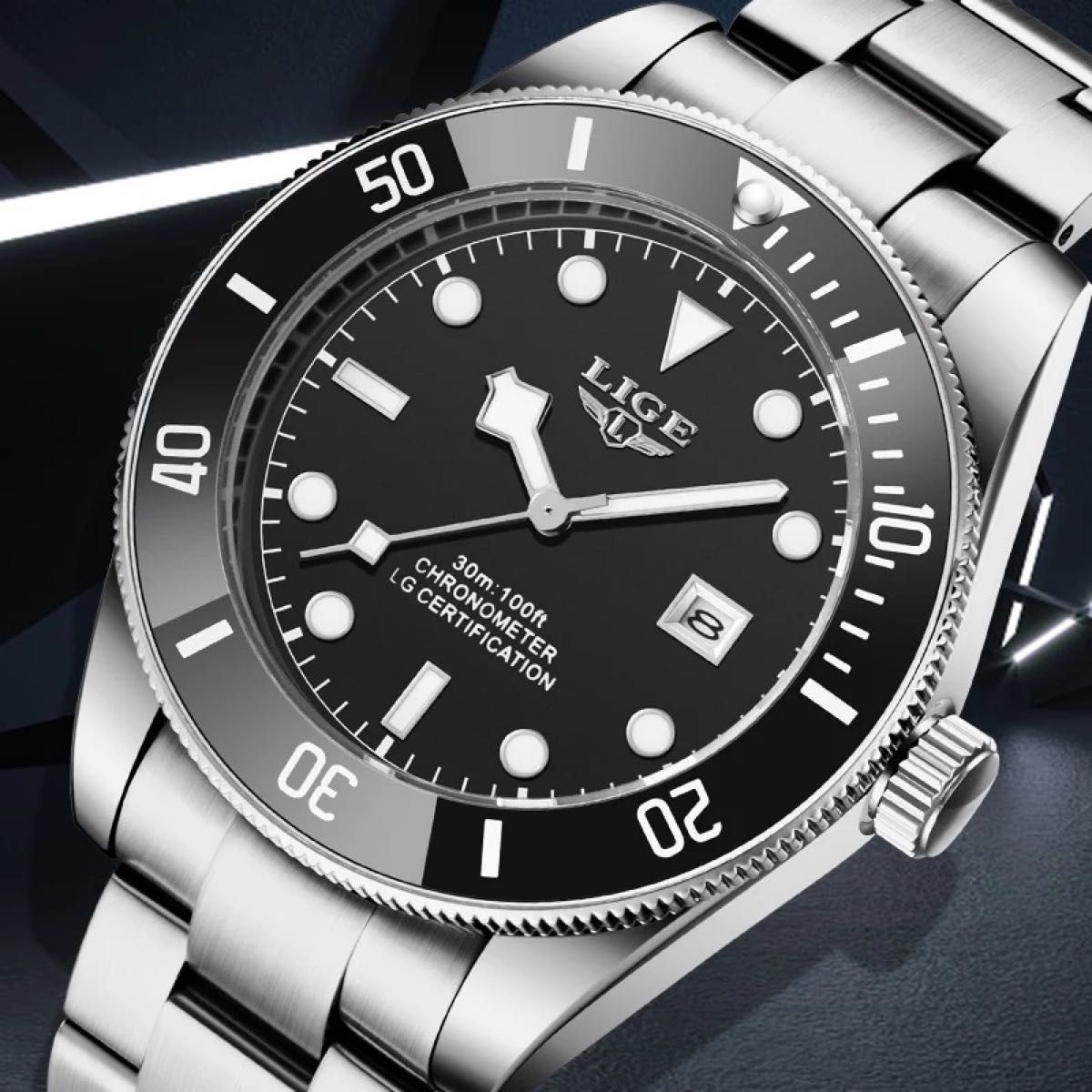 新品 LIGE オマージュウォッチ ブラック＆シルバー メンズ腕時計 10045
