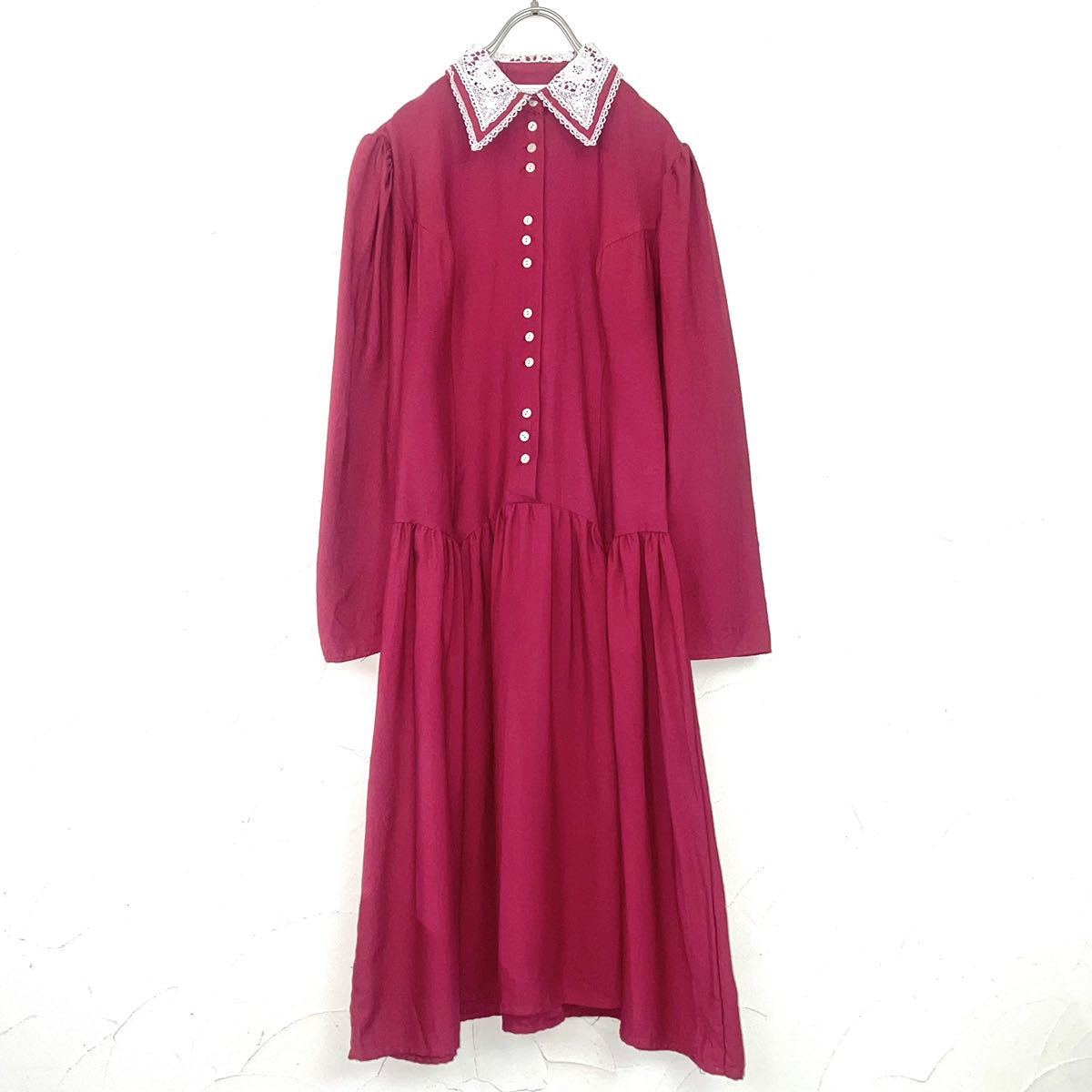 80s vintage GUNNE SAX 白レース襟 赤 ワンピース ビンテージ ガニーサックス USA製