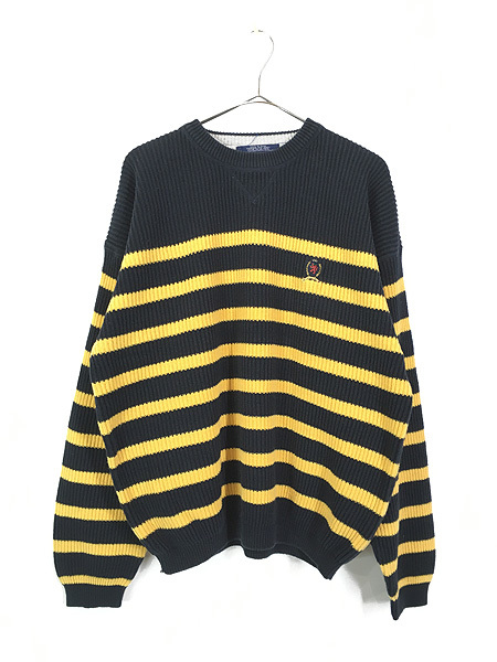 古着 90s TOMMY HILFIGER 凸凹 リブ編み ボーダー コットン ニット セーター XL 古着_画像1