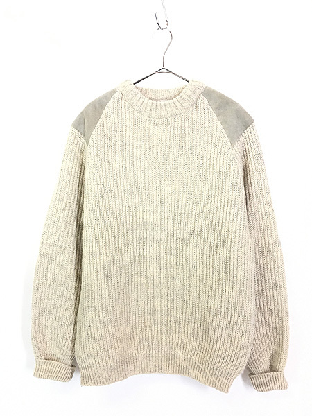 古着 90s 英国製 Swaledale Woollens 本革 スエード パッチ ローゲージ ウール ニット セーター 44