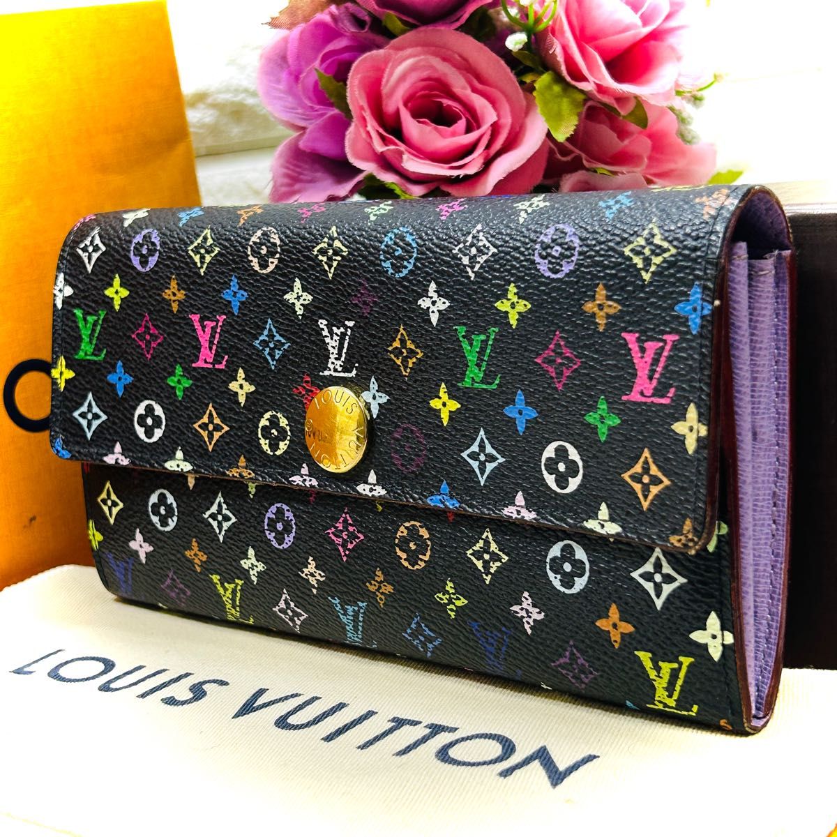 ルイヴィトン マルチカラー ポルトフォイユサラ 黒×紫 長財布