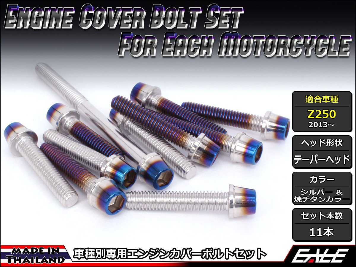 Z250(ER250)用 エンジンカバー ボルト11本セット ステンレス製キャップボルト使用 CTCテーパーヘッド シルバー&焼チタンカラー TB8057_画像1