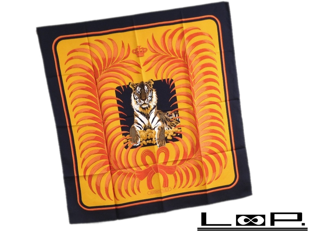 新しい到着 【美品】 【A66919】 シルク 橙 オレンジ 紺 ネイビー 王者の虎 ROYAL TIGRE スカーフ 90 カレ エルメス  HERMES スカーフ