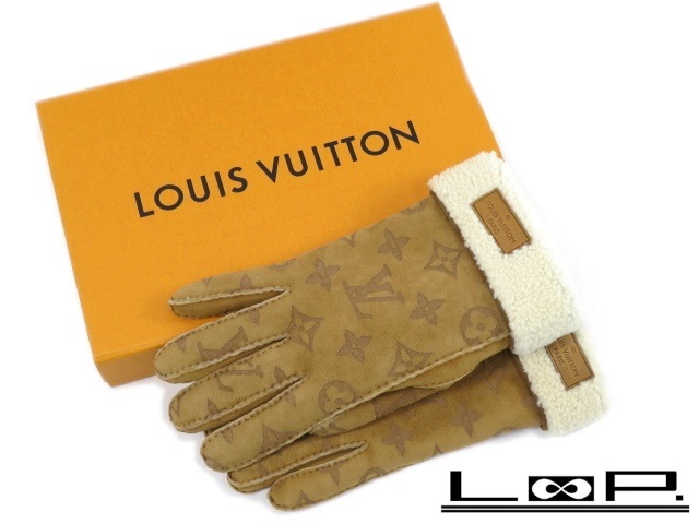 【美品】 LOUIS VUITTON ルイ・ヴィトン ゴン・モノグラム シアリング ムートン グローブ 手袋 ベージュ 羊毛 M76578 箱 【A68672】
